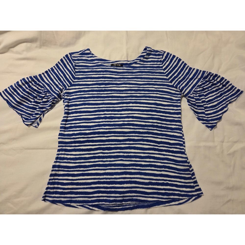 Nic+Zoe Womens Blue White Striped Linen Blend Ruffle Bell Sleeve Top Medium Fun